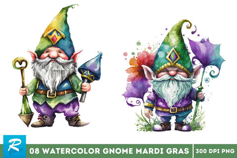Watercolor Cute Gnome Mardi Gras Clipart Bundle Sublimation Regulrcrative 