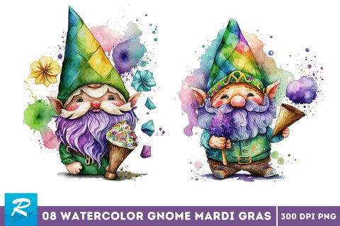 Watercolor Cute Gnome Mardi Gras Clipart Bundle Sublimation Regulrcrative 