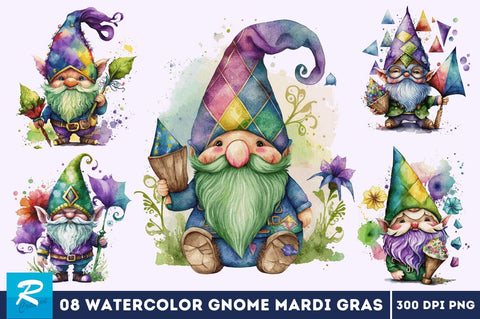 Watercolor Cute Gnome Mardi Gras Clipart Bundle Sublimation Regulrcrative 
