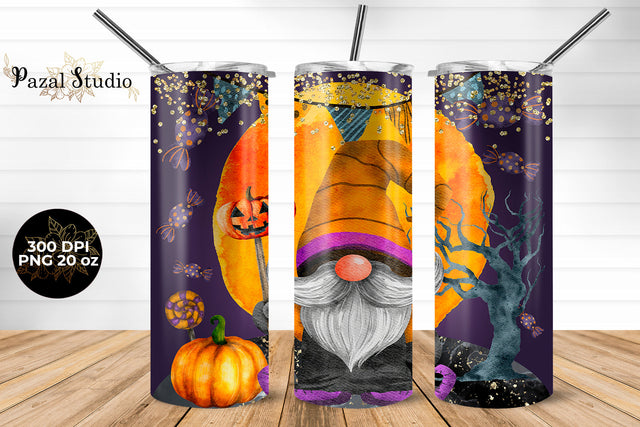 Watercolor Cute Gnome Trick Or Treat On Halloween 20 oz Skinny Tumbler Wrap Sublimation Design Sublimation Pazal Studio 
