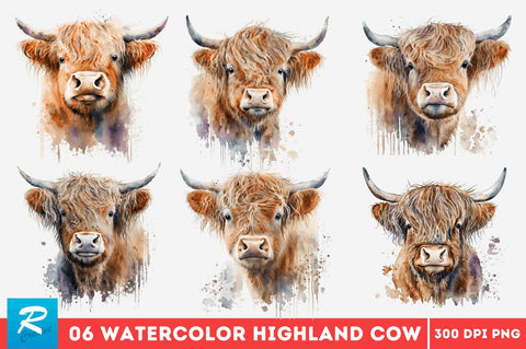 Watercolor Cute Highland Cow Bundle Sublimation Regulrcrative 