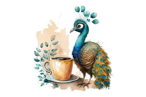 Watercolor Cute Indian Peafowl with a Cup Clipart Bundle Sublimation Regulrcrative 