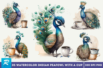Watercolor Cute Indian Peafowl with a Cup Clipart Bundle Sublimation Regulrcrative 