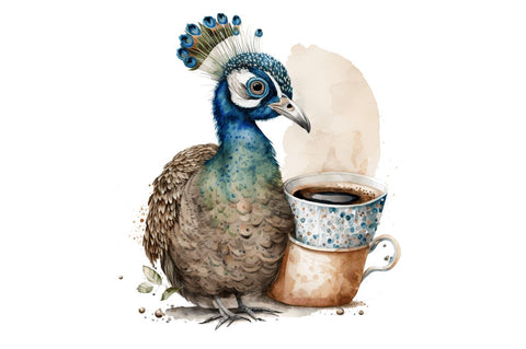 Watercolor Cute Indian Peafowl with a Cup Clipart Bundle Sublimation Regulrcrative 