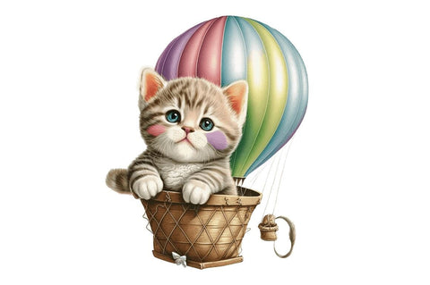 Watercolor Cute Kitten with Air Balloon Clipart Bundle Sublimation Regulrcrative 