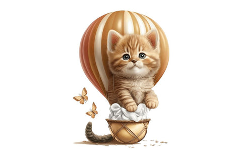 Watercolor Cute Kitten with Air Balloon Clipart Bundle Sublimation Regulrcrative 