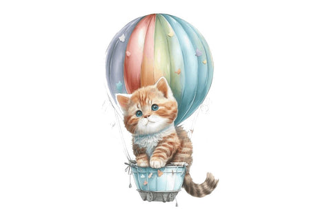Watercolor Cute Kitten with Air Balloon Clipart Bundle Sublimation Regulrcrative 