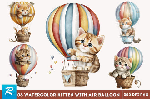 Watercolor Cute Kitten with Air Balloon Clipart Bundle Sublimation Regulrcrative 