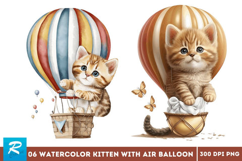 Watercolor Cute Kitten with Air Balloon Clipart Bundle Sublimation Regulrcrative 