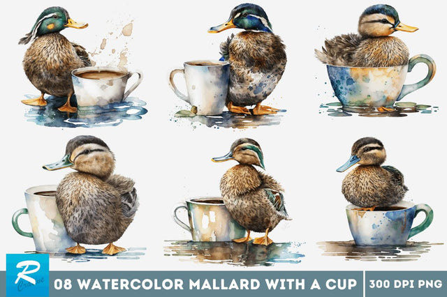 Watercolor Cute Mallard with a Cup Bundle Sublimation Regulrcrative 