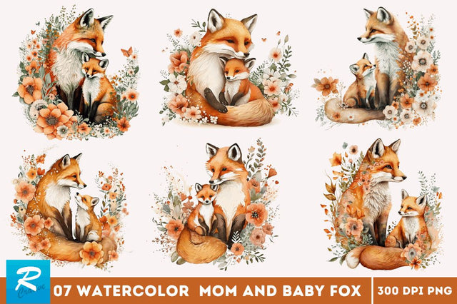 Watercolor Cute Mom and Baby Fox Clipart bundle Sublimation Regulrcrative 