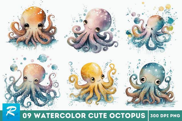Watercolor Cute Octopus Clipart Bundle Sublimation Regulrcrative 