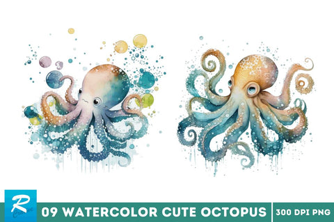 Watercolor Cute Octopus Clipart Bundle Sublimation Regulrcrative 