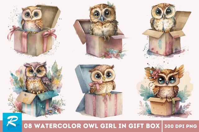 Watercolor Cute Owl Girl in Gift Box Clipart Bundle Sublimation Regulrcrative 