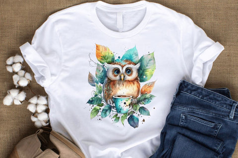 Watercolor Cute Owl with a Cup Clipart Bundle Sublimation Regulrcrative 