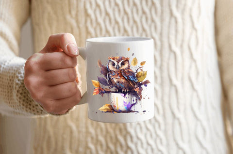 Watercolor Cute Owl with a Cup Clipart Bundle Sublimation Regulrcrative 