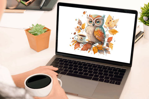 Watercolor Cute Owl with a Cup Clipart Bundle Sublimation Regulrcrative 