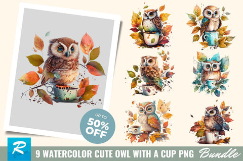 Watercolor Cute Owl with a Cup Clipart Bundle Sublimation Regulrcrative 
