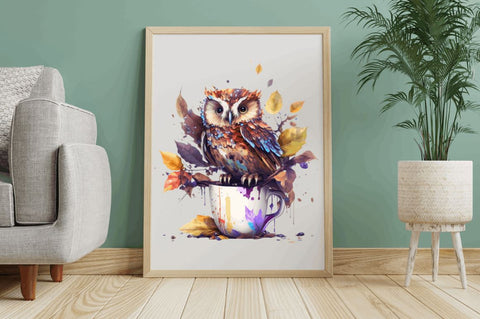 Watercolor Cute Owl with a Cup Clipart Bundle Sublimation Regulrcrative 