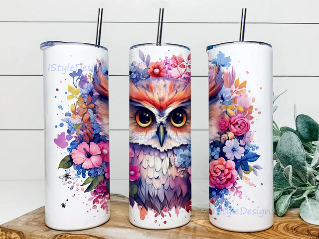 Watercolor Cute Owl With Flowers 20oz Skinny Tumbler Png, Watercolor Owl Tumbler, Owl Baby Flowers Png, A Cute Baby Owl With Colorful Flowers Sublimation iStyleDesign 