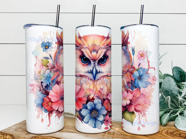 Watercolor Cute Owl With Flowers 20oz Skinny Tumbler Png, Watercolor Owl Tumbler, Owl Baby Flowers Png, A Cute Baby Owl With Colorful Flowers Sublimation iStyleDesign 