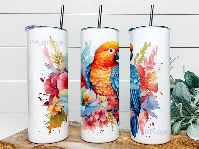 Watercolor Cute Parrot With Flowers 20oz Skinny Tumbler Png, Watercolor Parrot, Parrot With Colorful Flowers Png, Tropical Beautiful Bird Tumbler Design Sublimation iStyleDesign 