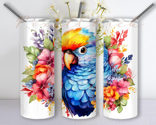Watercolor Cute Parrot With Flowers 20oz Skinny Tumbler Png, Watercolor Parrot, Parrot With Colorful Flowers Png, Tropical Beautiful Bird Tumbler Design Sublimation PixelChick 