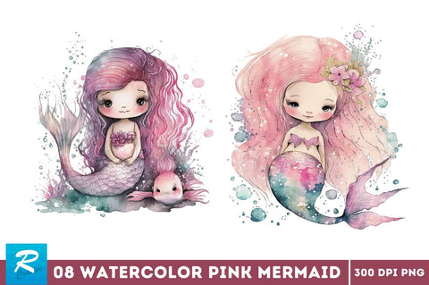Watercolor Cute Pink Mermaid Clipart Bundle Sublimation Regulrcrative 
