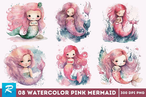 Watercolor Cute Pink Mermaid Clipart Bundle Sublimation Regulrcrative 