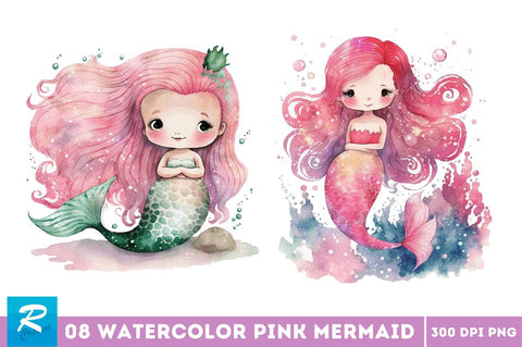Watercolor Cute Pink Mermaid Clipart Bundle Sublimation Regulrcrative 