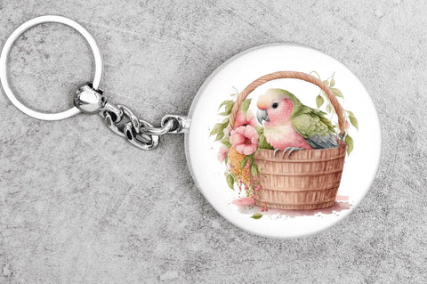 Watercolor Cute Pink Parrot in Basket Clipart Bundle Sublimation Regulrcrative 
