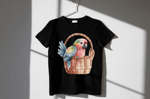 Watercolor Cute Pink Parrot in Basket Clipart Bundle Sublimation Regulrcrative 