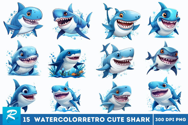 watercolor Cute Shark clipart Bundle Sublimation Regulrcrative 