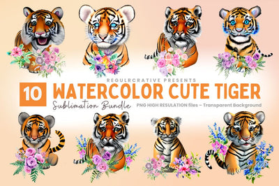 Watercolor Cute Tiger Clipart Bundle Sublimation Regulrcrative 