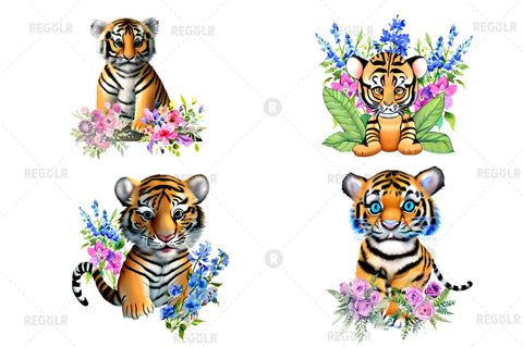 Watercolor Cute Tiger Clipart Bundle Sublimation Regulrcrative 