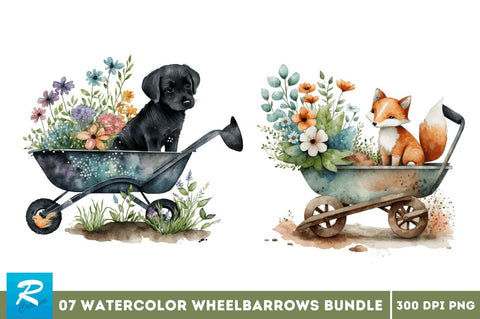 Watercolor Cute Wheelbarrows Clipart Bundle Sublimation Regulrcrative 