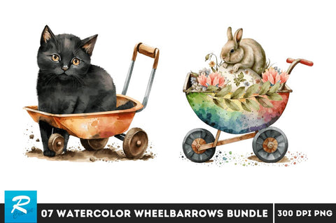 Watercolor Cute Wheelbarrows Clipart Bundle Sublimation Regulrcrative 