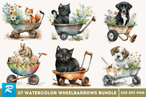 Watercolor Cute Wheelbarrows Clipart Bundle Sublimation Regulrcrative 