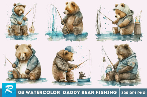 Watercolor Daddy Bear Fishing Bundle Sublimation Regulrcrative 