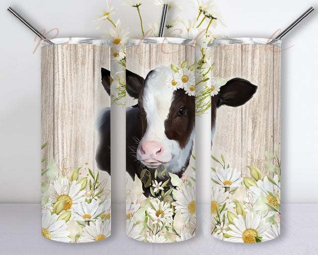 Watercolor Daisy Baby Cow 20 oz Skinny Tumbler Sublimation Design Sublimation PixelChick 