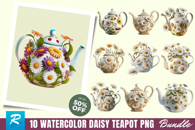 Watercolor Daisy Teapot Clipart Bundle Sublimation Regulrcrative 