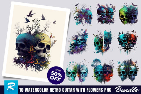 Watercolor Dark Skulls Gothic Nature Clipart Bundle Sublimation Regulrcrative 