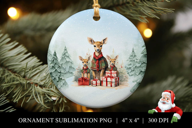 Watercolor Deer Christmas Ornament Sublimation PNG Sublimation BijouBay 