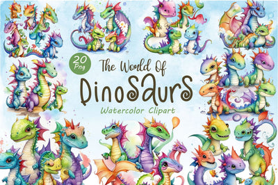 Watercolor Dinosaur Clipart. Cute Animal Sublimation Rupkotha 