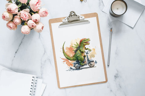 Watercolor Dinosaur Riding Motorbike Clipart Bundle Sublimation Regulrcrative 