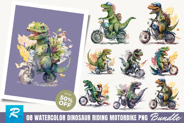 Watercolor Dinosaur Riding Motorbike Clipart Bundle Sublimation Regulrcrative 