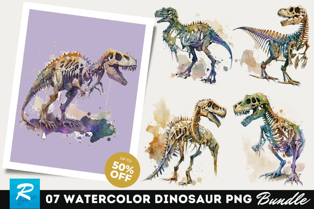 Watercolor Dinosaur Skeleton Clipart Bundle Sublimation Regulrcrative 