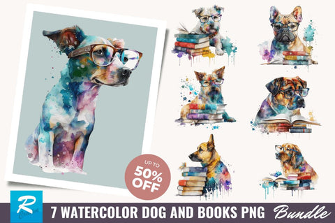 Watercolor Dog and Books Clipart Bundle Sublimation Regulrcrative 