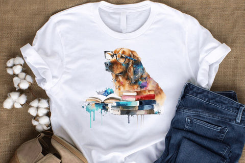 Watercolor Dog and Books Clipart Bundle Sublimation Regulrcrative 