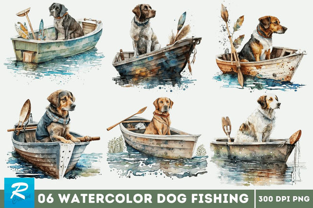 Watercolor Dog Fishing clipart Bundle Sublimation Regulrcrative 